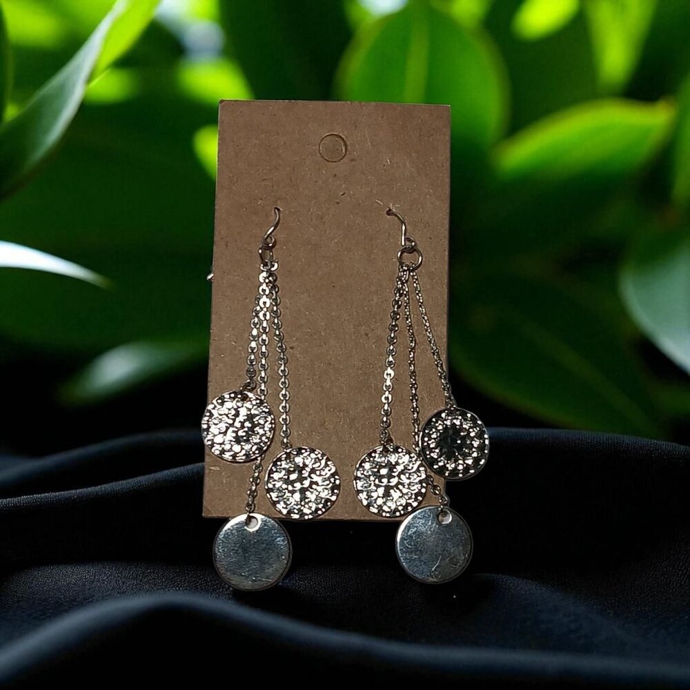 Dangle Drop Pierced Earrings Rhinestones on Circular Disks Hanging on Chains 3"